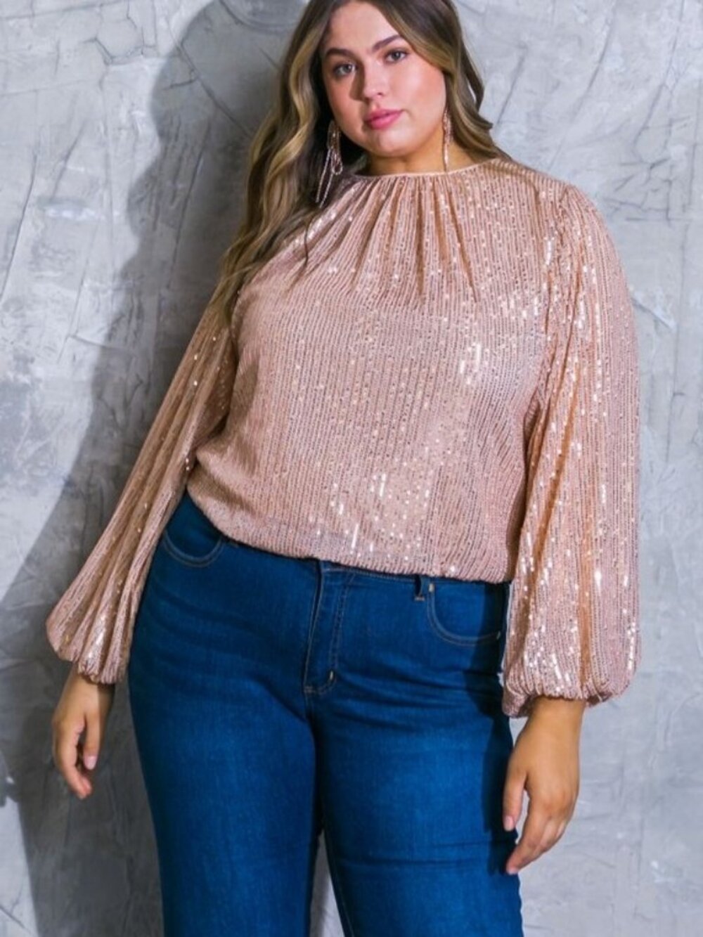 NEW NWT PLUS 1X - 3X Holiday Sparkle Pink Sequin Party Long Sleeve Blouse Top